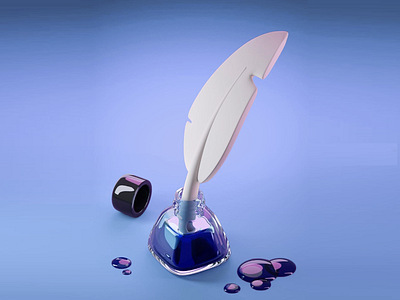 3D Art of Ink and Feather 3d 3d art 3d design 3d elements 3d illustration 3d modeling 3d objects 3d rendering 3d soft feather artistic vibe blue background contemporary style feather glossy texture ink ink bottle minimalist design modern design rich purple sleek design