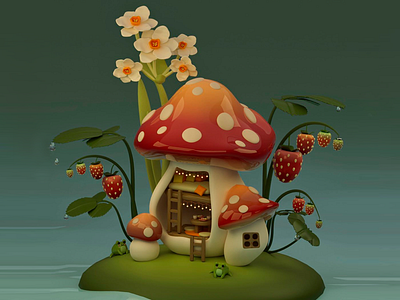 3D Mushroom Cottage 3d 3d art work 3d design 3d elements 3d illustration 3d mushroom 3d mushroom cottage 3d objects contemporary style cottage design cozy mushroom house detailed 3d fairytale home flowers interior lights lush green leaves organic touch sleek design vibrant colours vibrant red