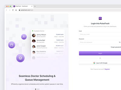 Login, Register - PulseTrack Dashboard dashboard login page medical medical dashboard register page sign up ui design