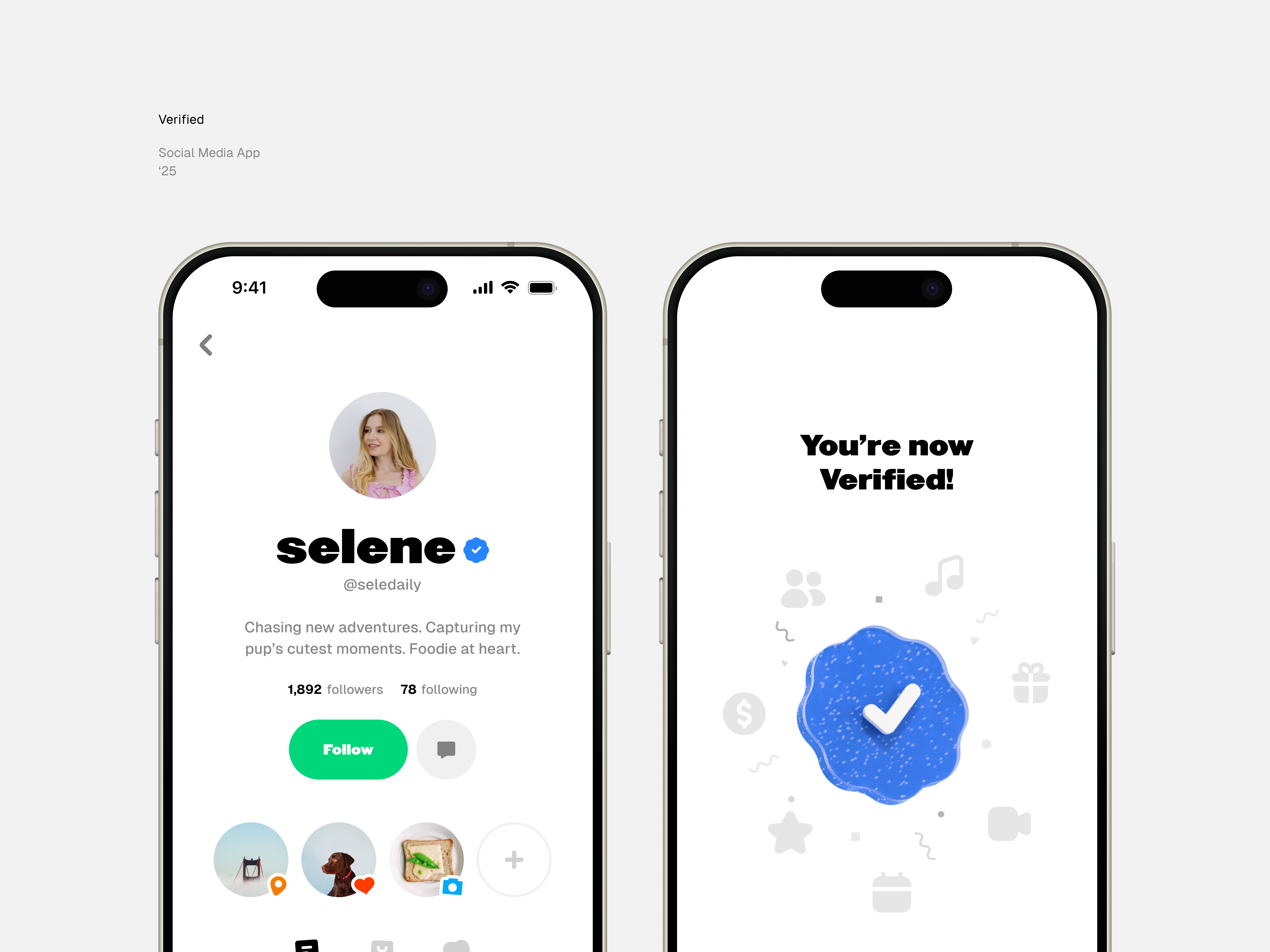 Verified — Social Media Platform 3d animation app clean components design feed follow instagram interaction ios minimal mobile profile social social network trending twitter ui ux