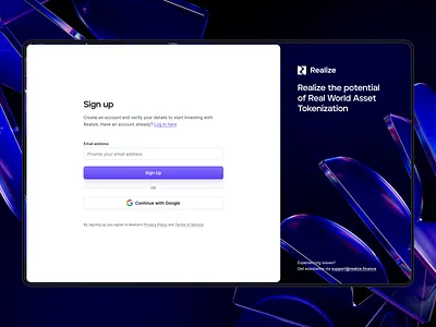 Realize Sign-Up Page 3d assets blockchain finance fintech form future futuristic landing page modern realize sign up ui user ux web design web3 website