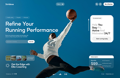 Stridex - Sport Landing Page analytics cardio charts fitness design health fitness health tracker healthy interface landing page mental health personal trainer saas sport startup tracker training ui ux webflow website workout