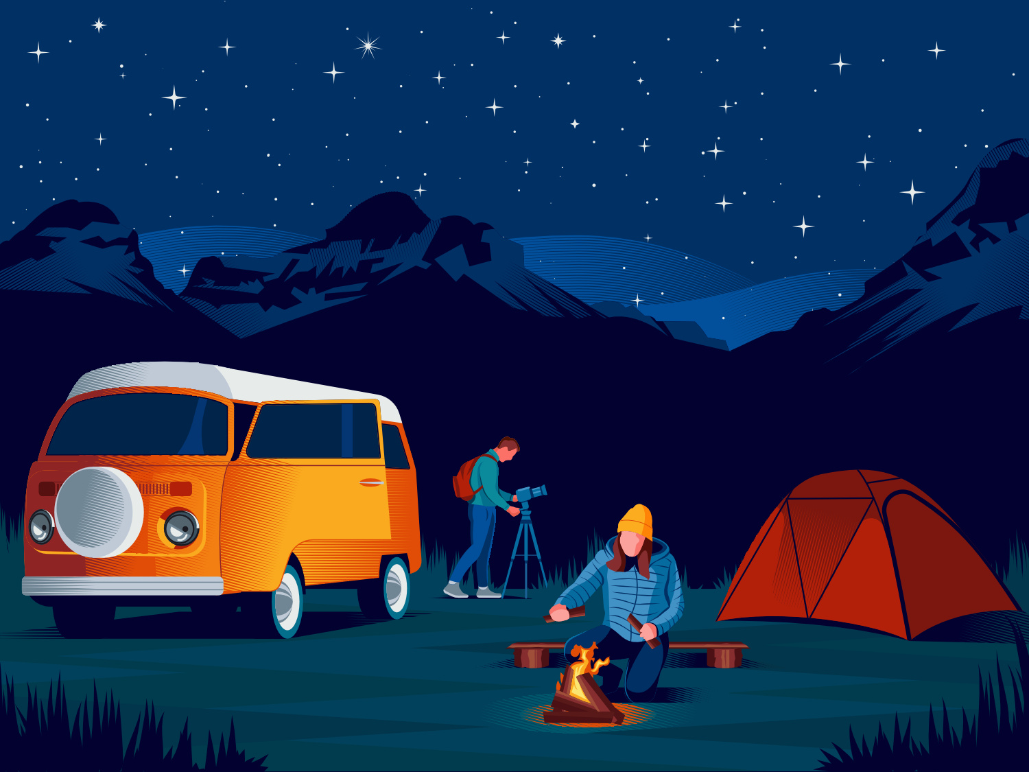 Campfire campervan campfire camping character couple hiking illustration landscape mountains nature nigh sky night park photographer stars tent travel traveling vector