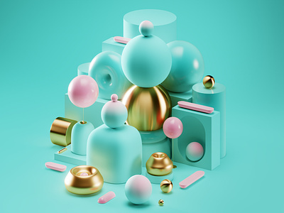 Mint composition 3d bold candy glossy gold illustration joy mint pink sweet