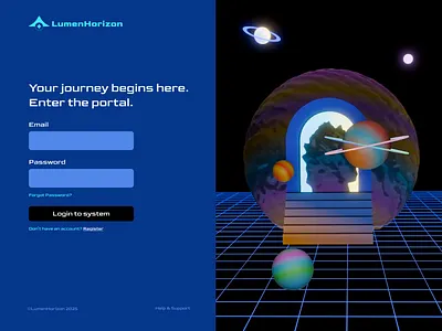 LumenHorizon // Welcome Login UI 3d animation blender branding cosmic cosmos create account figma graphic design login login page logo motion graphics portal sign up synthwave ui vaporwave web design web page