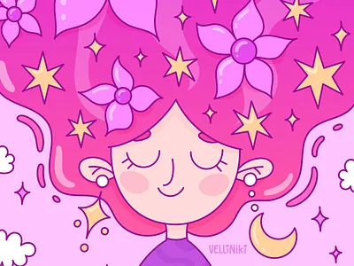 Doodle Girl Character, Cartoon illustration art, vector art artist cartoon character concept design doodle female feminine floral flower girl illustration moon person pink star vector woman