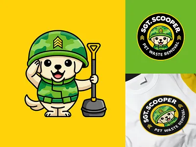 Sergeant Scooper adorable army brand branding cartoon logo cute logo cute mascot identity labrador retriever logo lovely mascot logo pet cleanup pet waste removal poop pooper scooper puppy salute sergeant soldier