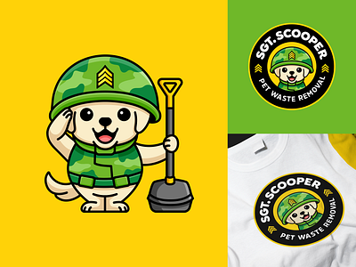 Sergeant Scooper adorable army brand branding cartoon logo cute logo cute mascot identity labrador retriever logo lovely mascot logo pet cleanup pet waste removal poop pooper scooper puppy salute sergeant soldier