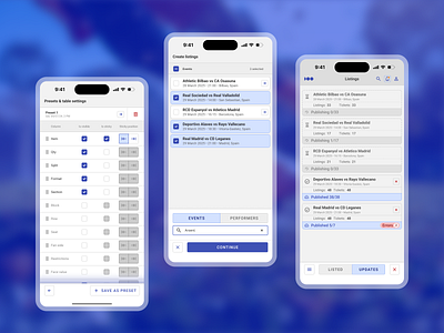 Sport events app b2b branding design event flat history list listing mobile modern saas screen segmented selection settings sport ui ux venue