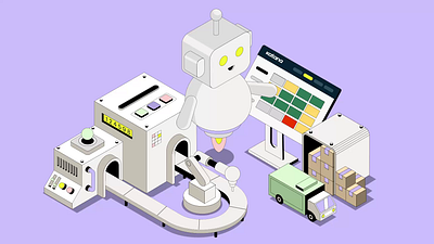 Inventory management bot animation assembly bot illustration inventory machine management robot tech vector