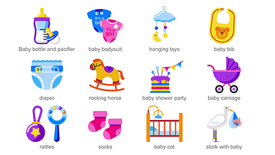 Baby Shower 2d Icons Set Animation 2d animation baby baby bib baby bodysuit baby bottle baby carriage baby cot baby shower diaper flat hanging toys icons illustration motion pacifier rattles rocking horse socks stork