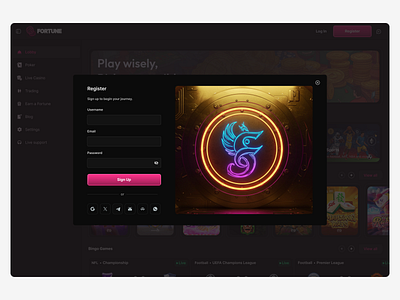 Fortune Games- Register Screen branding crypto design figma gamble fi illustration sign up ui ux wallet web design web3