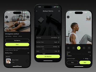 Fitness App – UI Concept appdesign darkmode figmadesign fitnessapp gymapp mobileui modernui ui uiux userexperience workout workoutapp