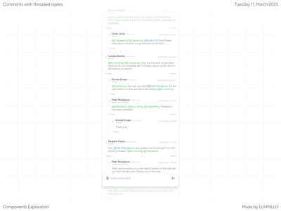 Comments with threaded replies - Components Exploration activity clean comments component concept crm design exploration flat idea illustration light mode minimal nested comments notes sketch threads ui widget