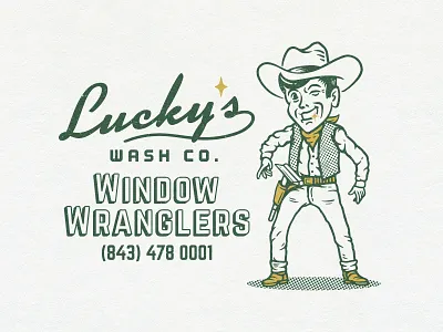 Lucky's Wash Co. branding character cowboy fun graphic design illustration logo logo design luckys mascot playful retro design retro logo squeegee vintage design vintage logo wild west window cleaning