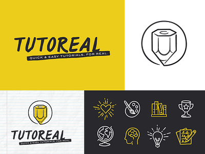 Tutorial | Brand Visual Identity badge brand branding design digital education hand drawn icons illustration logo logo design marker modern online course pencil simple symbol tutor vector yellow