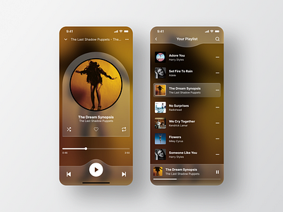 Music Player appdesign branding dailyui darkmode glassmorphism iosdesign minimaldesign mobileapp musicapp musicplayer playlist productdesign ui ux