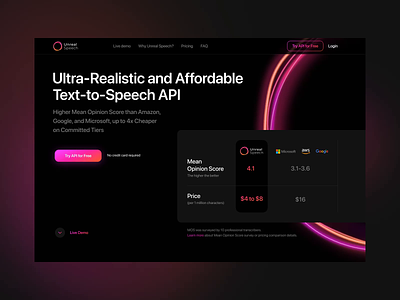 Landing page for Ultra-Realistic Text-to-Speech API 2023 ai animation blur dark ui neon sound speech trand voice