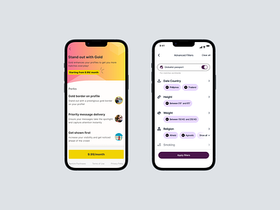 Paywall and filter screen for a dating app called Jubley app design dating dating app mobile ui