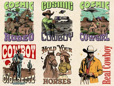 Western Artwork Collage alien branding bucking bronco cosmic country music cowboy cowgirl desert design graphic design horses illustration marlboro man retro western rodeo smoking ufo vintage western western wild west