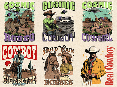 Western Artwork Collage alien branding bucking bronco cosmic country music cowboy cowgirl desert design graphic design horses illustration marlboro man retro western rodeo smoking ufo vintage western western wild west