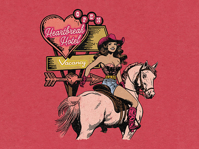 Heartbreak Hotel branding country music cowboy cowgirl cowgirl art desert design graphic design heartbreak hotel illustration logo neon sign retro cowgirl retro western rodeo valentines vector vintage sign western cowboy