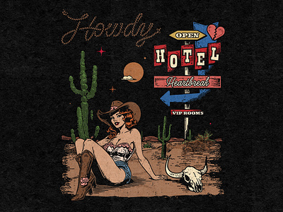 Hotel Heartbreak branding country music cowgirl cowgirl art desert design graphic design heartbreak hotel howdy illustration logo retro cowgirl retro western vintage sign vintage western wild west yeehaw