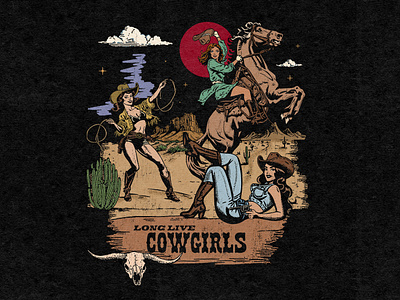 Long Live Cowgirls branding cactus country music cowgirl cowgirl boots cowgirls desert design graphic design illustration lasso long live cowgirls longhorn retro western rodeo vector vintage marlboro vintage western western