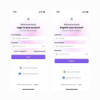 Lumidate App Account Pages account app design figma login signup ui