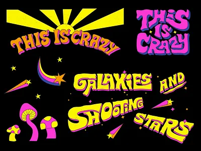 "This is Crazy" lettering for Mike Posner Music video 60s 70s colorful galaxies galaxy groovy handlettering illustration lettering mushrooms music video musician nature outdoors outer space retro shooting stars space stars type