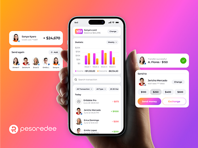 Interface design concept for digital wallet app | PesoRedee app balance card concept digital wallet finance fintech interface interface design mobile mobile app mobile transaction product product design sending card sending money statistic ui ux uxui wallet