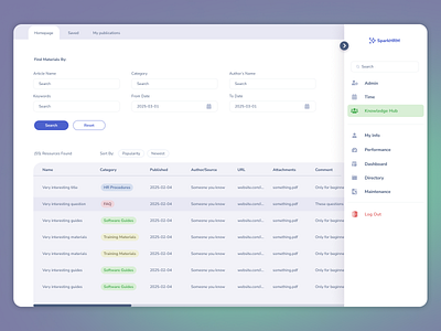 SparkHRM l Knowledge hub page design knowledge hub table ui ux