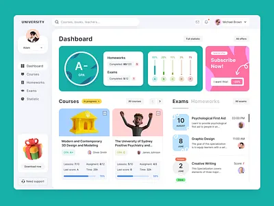 University - Education platform - Desktop Dashboard banner calendar carousel child children courses dashboard desktop education exams homework kids navigation parents platform schedule special offer study ui ux