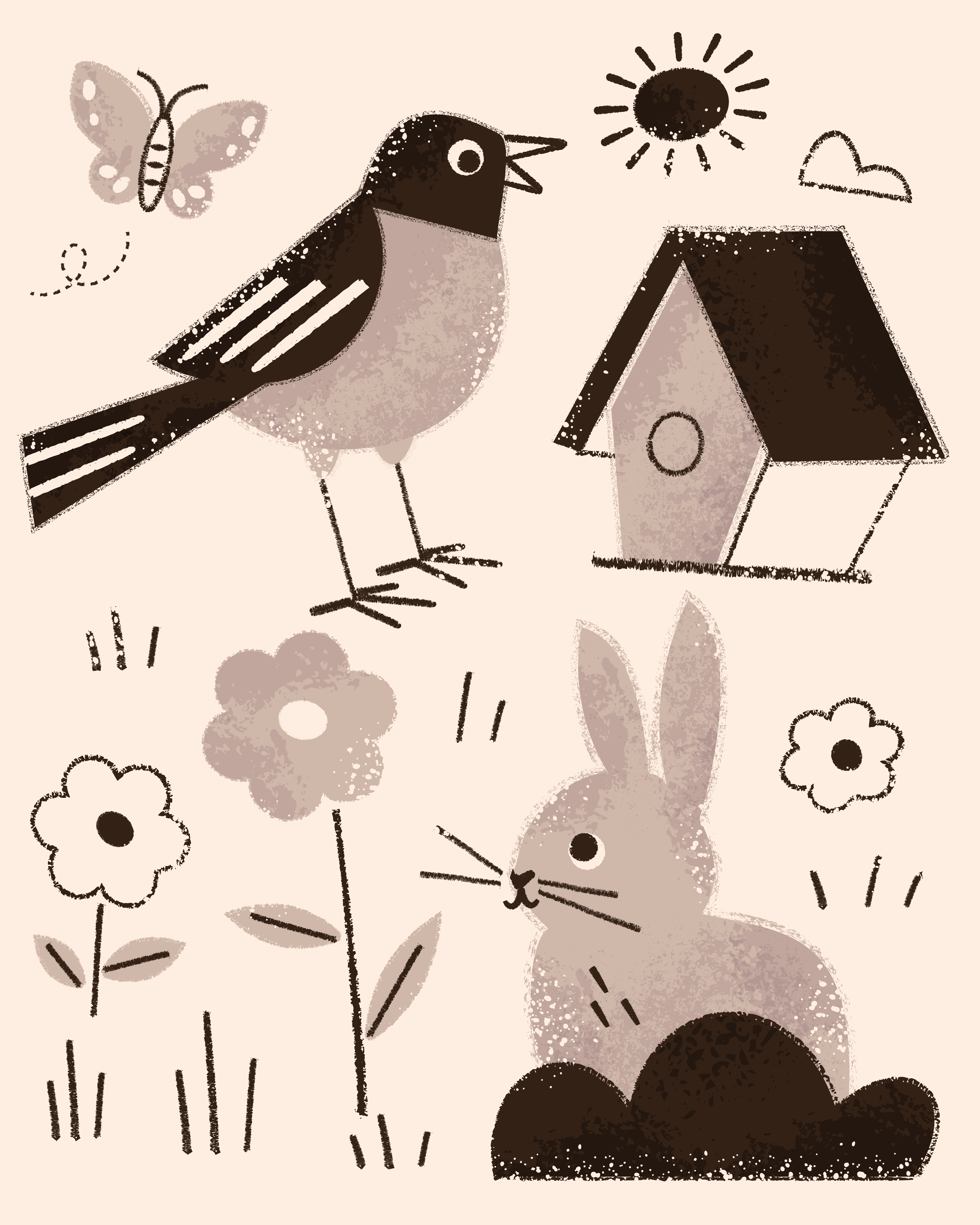 springing ahead and ready for spring bird birdhouse bunny butterfly daylight savings flower rabbit retro robin spring springtime sun texture