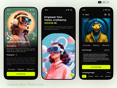 Ammie- AI Image Generator Mobile App ai ai app ai image ai image generator ai mobile app app ui art ai art generator artificial intelligence dark mode image ai image generator midjoueney midjourney minimal mobile app mobile design mobile ui text to image