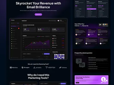 Email marketing SAAS Startup Website Design analytics interface branding client testimonials dark design dark theme dashboard design data visualization email marketing website faq section marketing tools design marketing website design purple aesthetic subscription plans ui uiux design web design web ui ux website design