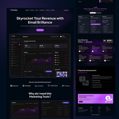 Email marketing SAAS Startup Website Design analytics interface branding client testimonials dark design dark theme dashboard design data visualization email marketing website faq section marketing tools design marketing website design purple aesthetic subscription plans ui uiux design web design web ui ux website design