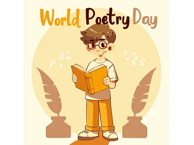 World Poetry Day with Curious Boy Reading a Book in Casual background book celebration day education event expression feather ink inspiration language literature paper pen poetry rhyme vintage wallpaper words writing