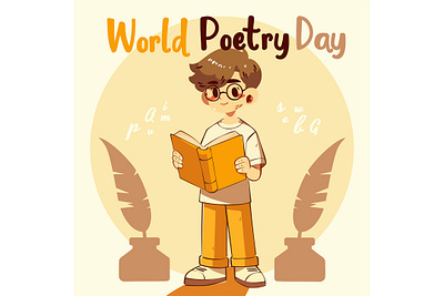 World Poetry Day with Curious Boy Reading a Book in Casual background book celebration day education event expression feather ink inspiration language literature paper pen poetry rhyme vintage wallpaper words writing