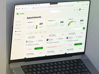 CareSync - SaaS Healthcare Dashboard - Appointments app appointments approved clean declined design doctor healthcare list management minimal patients queue saas schedule services software statistics ui ux