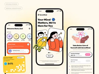 SerenMind - Mental Health App android app app design art card design app doctor emura studio health app health startup illustration ios app logo mental health app mobile mobile app psychology ui