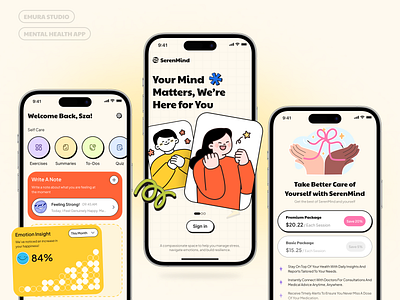 SerenMind - Mental Health App android app app design design app doctor emura studio health startup illustration ios app logo mental health app mobile mobile app neo brutalism neobrutalism neubrutalism psychology retro ui vintage