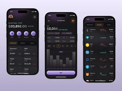 💳 Etha – Coin & Market List UI Exploration 🚀 bitcoin blockchain crypto cryptowallet dark mode etherium fintechdesign marketlist mobile app product design ui wallet web3