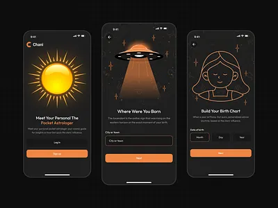 Astrology mobile app - Started screen application astrologyapp celestialui chani app dailyhoroscope figmadesign horoscopeapp mobile app mobileappdesign mysticdesign stargazingui start screen ui design uiuxdesign zodiacsigns