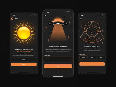 Astrology mobile app - Started screen application astrologyapp celestialui chani app dailyhoroscope figmadesign horoscopeapp mobile app mobileappdesign mysticdesign stargazingui start screen ui design uiuxdesign zodiacsigns