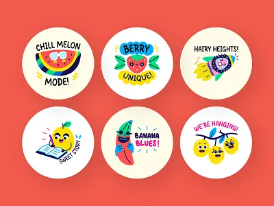 Cool Fruit Stickers Collection apple banana berry branding cartoon cherry colorful cute flat food fruit fruits fruity graphic design mascot sticker stickers strawberry typography watermelon