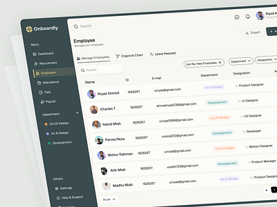 Onboardly - Employee Management Dashboard admin panel app app design dark sidebar dashboard dashboard design data table design employee management hr management hrm system ios app product design saas ui design ui designer uiux ux design web app web design