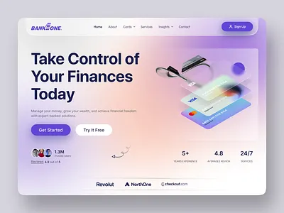 BankOne - Finance Landing Page aymentgateway bankingapp bankingui cleanui creativedesign cryptofinance digitalfinance financewebsite fintechdesign glassmorphism hero investmentapp minimaldesign moneymanagement onlinebanking personalfinance uiuxdesign wealthmanagement webdesign website design