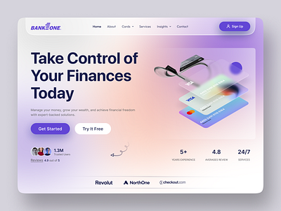 BankOne - Finance Landing Page aymentgateway bankingapp bankingui cleanui creativedesign cryptofinance digitalfinance financewebsite fintechdesign glassmorphism hero investmentapp minimaldesign moneymanagement onlinebanking personalfinance uiuxdesign wealthmanagement webdesign website design