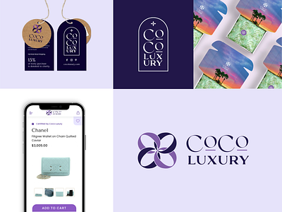 Coco Luxury Branding bags brand guide branding ecommerce figma graphic design illustration illustrator logo luxury packaging purple style guide tags tropical ui ux vector web web design